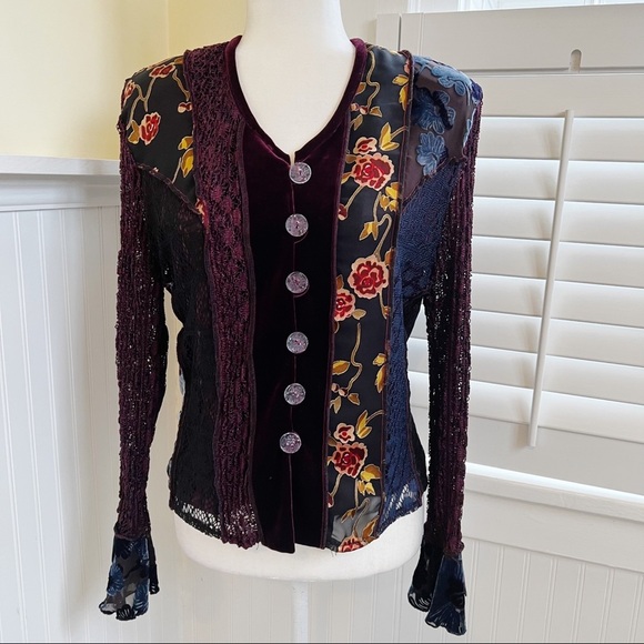 Spencer Alexis Sweaters - Spencer Alexis Vintage Black, Purple & Blue Patchwork Floral Crochet Cardigan